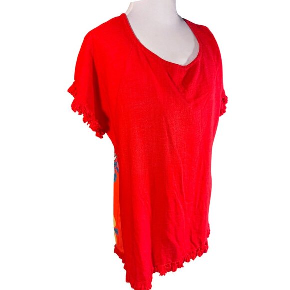 Womens Red Floral Tunic Top By Umgee Size M Short Fringe Sleeves Lightweight Cot - Picture 3 of 8